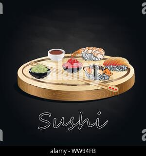 Différents types de sushis servis sur bois 24 fond noir isolé. Illustration de Vecteur