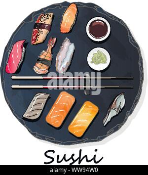 Nigiri seti Sush illustration isolé. Vue d'en haut. Illustration de Vecteur