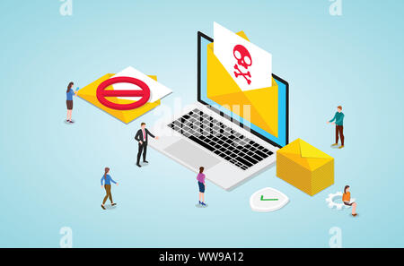 Concept de spam avec newsletter et du crâne et l'icône de danger Symbole sur un ordinateur portable avec les gens de l'équipe et une télévision moderne isométrique - vector illustration Banque D'Images