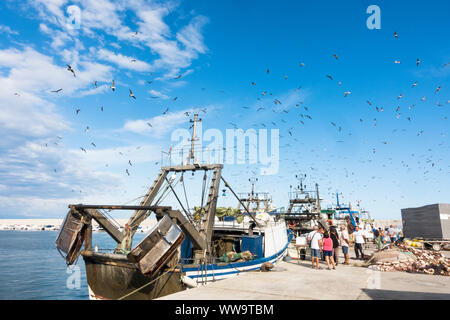Bateaux de pêche commerciale qui arrivent au port de Malaga, Andalousie, espagne. Banque D'Images
