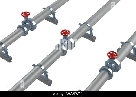 Trois pipelines avec soupapes isolé sur blanc. Le rendu 3D Banque D'Images