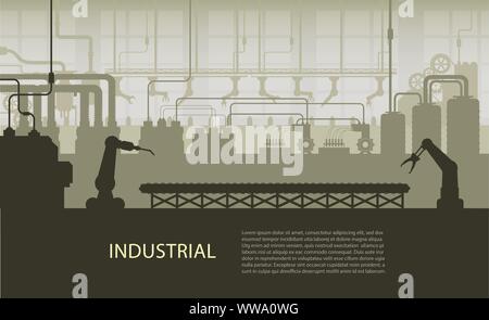 Bannière industrielle avec l'intérieur de l'usine de silhouette avec la machine et courroie transporteuse modèle plat vector illustration Illustration de Vecteur