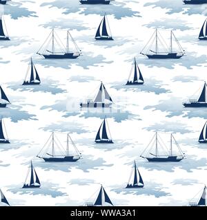 Modèle sans couture, Voiliers Bateaux et yachts silhouettes dans la mer avec des vagues bleu symbolique. Vector Illustration de Vecteur