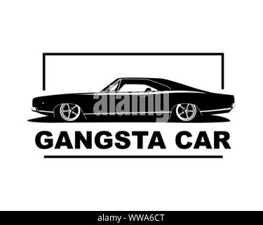 American muscle car vector illustration. Vintage style gangsta basse avec grosses roues. Silhouette de l'étiquette pour logo club, garage, print design. Illustration de Vecteur