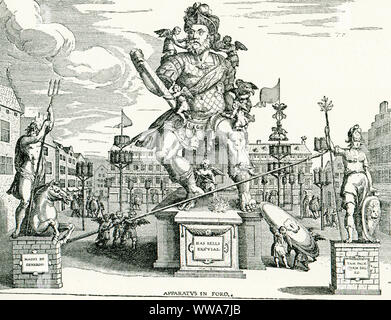 Vu ici sont les statues du dieu Mars, avec les dieux Neptune et Minerve. Leurs homologues grecs sont Ares, Poseidon et Athena. Ils ont été construits à Anvers pour une celebratiuon au cours du temps, de l'archiduc Albert et Isabelle. Il est tiré d'un vieux imprimer. Isabella était souveraine des Pays-Bas espagnols dans les Pays-Bas et le nord de la France moderne. Son mari Albert VII était l'Archiduc d'Autriche. Banque D'Images