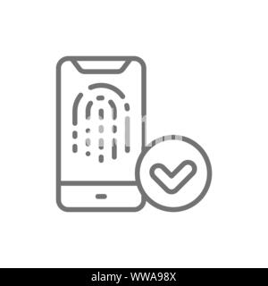 Déverrouillage de l'empreinte du smartphone, l'icône de la ligne d'identification d'empreintes digitales. Illustration de Vecteur
