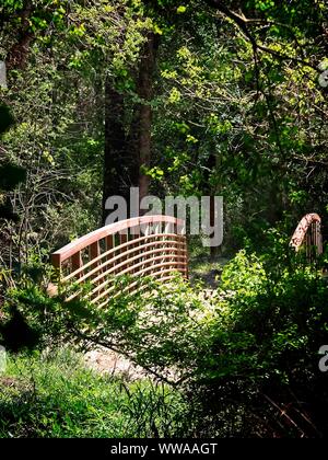 The Woodlands TX USA - 03-26-2019 - Pont en bois avec garde-corps en acier Banque D'Images