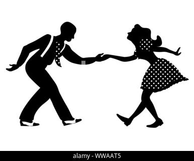 La danse swing silhouette couple négatif. Les couleurs noir et blanc. Années 1940 et 1930, style. Femme en robe avec des points et de l'homme avec bretelles et cravate. Illustration de Vecteur