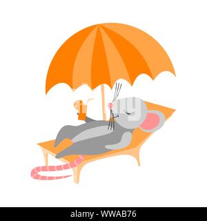 Cute cartoon rat allongé sur un transat avec parasol et cocktail isolé sur fond blanc. Vector illustration d'été de nice soleil rongeur. Illustration de Vecteur