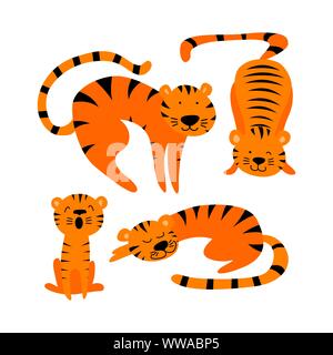 Jeu de cute cartoon tigers isolé sur fond blanc. Télévision vector illustration. Illustration de Vecteur