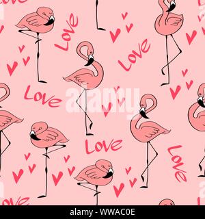 Modèle sans couture avec mignon flamants roses, coeur de formes et de lettrage. Cartoon doodle oiseaux isolé sur fond rose. Vector illustration. Illustration de Vecteur