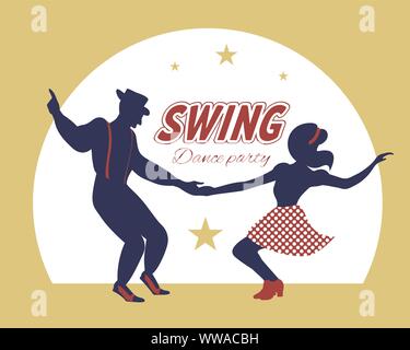 La danse swing couple silhouette aux étoiles et cercle sur l'arrière-plan. Années 1940 et 1930, style. Télévision vector illustration. Illustration de Vecteur