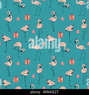 Transparente avec motif de noël doodle mignon flamingo et présente. Joli design pour le papier d'emballage de fête et des cartes postales. Télévision vector illustration. Illustration de Vecteur