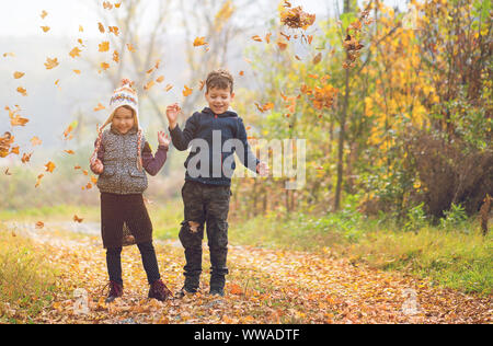 Les enfants qui jouent avec les feuilles tombées de l'automne dans le parc Banque D'Images