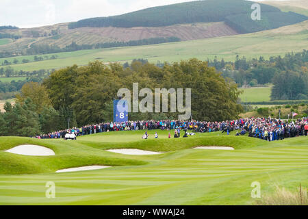 Auchterarder, Ecosse, Royaume-Uni. 14Th Sep 2019. Samedi matin Foresomes correspond à 2019 Solheim Cup sur le cours du Centenaire à Gleneagles. Sur la photo ; vue sur la 8e vert avec le 1er mars à l'affiche. Credit : Iain Masterton/Alamy Live News Banque D'Images