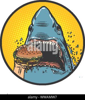 Le requin affamé manger Burger. Retro pop art dessin illustration vectorielle Illustration de Vecteur