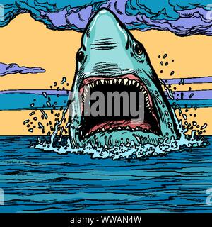 Requin agressif dangereux dans l'océan. Des animaux marins. Retro pop art dessin illustration vectorielle Illustration de Vecteur