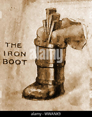 Punitions & INSTRUMENTS DE TORTURE DU PASSÉ - Le démarrage de fer utilisé pour broyer les jambes. Les variations étaient l'espagnol, l'amorçage et démarrage malais la Buskin (un cuir humide qui a été séché chaussette pour broyer les os en dessous) Banque D'Images