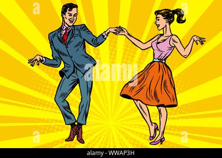 Couple de danseurs rétro homme et femme. Pop art dessin illustration vectorielle Illustration de Vecteur