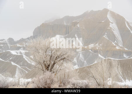 Neige fraîche sur buttes érodées, Caineville, Utah, USA Banque D'Images