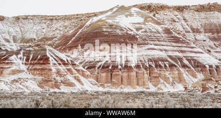 Neige fraîche et grès érodées, Hanksville, Utah, USA Banque D'Images