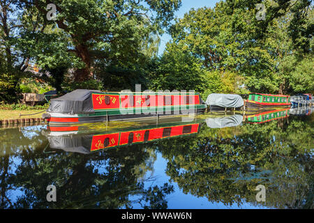 Bateaux amarrés sur les rives de la rivière Wey comme il se joint à l'Basingstoke Canal entre Weybridge et New Haw, Surrey, Angleterre du Sud-Est, Royaume-Uni Banque D'Images