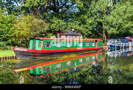 Bateaux amarrés sur les rives de la rivière Wey comme il se joint à l'Basingstoke Canal entre Weybridge et New Haw, Surrey, Angleterre du Sud-Est, Royaume-Uni Banque D'Images