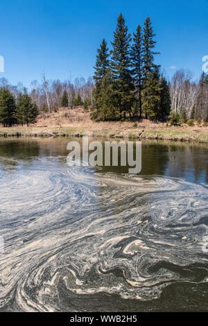 Le ruisseau Junction au début du printemps avec des tourbillons d'écume et de pollen flottant, le Grand Sudbury, Ontario, Canada Banque D'Images