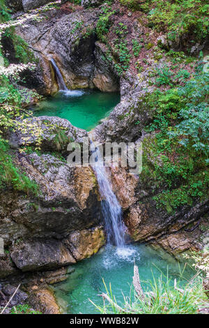 Vue détaillée du Dlaouble bol de lait, cascades, rivière de Dvojna Latvica Koritnica dans Parc national du Triglav. Log pod Mangartom, Bovec, Slovénie. L'Europe. Banque D'Images