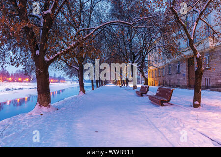 La ville d'Uzhgorod à l'aube en hiver. bancs sous les arbres sur la neige couverts linden alley, la plus longue d'Europe. Décoration lanternes de l'autre côté de la Banque D'Images