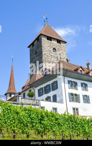 Bâtiment historique de beau château de Spiez à Spiez, Suisse. Château médiéval, forteresse. Site du patrimoine suisse capturé sur la photographie verticale. Destinations de l'été suisse. Banque D'Images