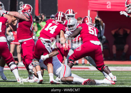 Bloomington, Indiana, USA. 14Th Sep 2019. Indiana Hoosiers quarterback Jack Tuttle (14) est licencié par la Ohio State Buckeyes défensive fin Javontae Jean-Baptiste (8) dans la seconde moitié du match entre l'Ohio State Buckeyes et Indiana Hoosiers au Memorial Stadium, Baltimore, Maryland. (Crédit Image : © Scott StuartZUMA Wire) Banque D'Images