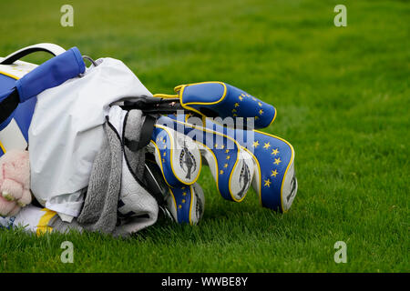 Auchterarder, Ecosse, Royaume-Uni. 14 septembre 2019. Samedi après-midi les matchs de Fourballs Solheim Cup 2019 sur le cours du Centenaire à Gleneagles. Sur la photo ; détail de sac de clubs utilisés par Team Europe. Iain Masterton/Alamy Live News Banque D'Images