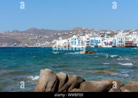 Vue sur Chora village ( Petite Venise ) - l'île de Mykonos Cyclades - Grèce - mer Egéé Banque D'Images