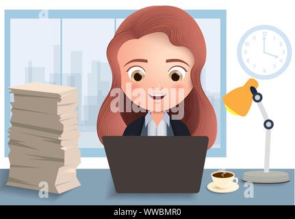 Employé dans l'entreprise de caractère vectoriel des heures supplémentaires. Femme d'affaires employé de bureau à taper et travailler dans un bureau avec ordinateur portable, café et document en blanc. Illustration de Vecteur