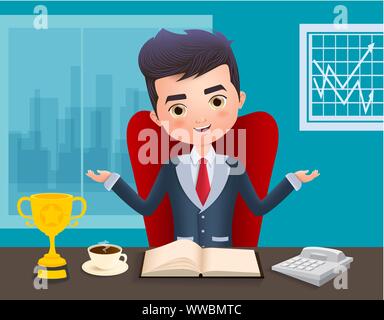 Patron d'entreprise caractère vectoriel. Homme d'affaires assis et patron de caractère office 24 avec golden cup trophy, café, réserver et téléphone. Illustration de Vecteur