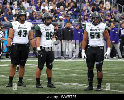 14 septembre 2019 - Hawaii Rainbow Warriors joueur de ligne défensive Mason Vega # 43, New York Rainbow Warriors joueur de ligne défensive Kaimana Padello # 96 et Hawaii Rainbow Warriors # 53 Muasau linebacker Darius pendant le jeu entre l'Hawaii Rainbow Warriors et les Washington Huskies au Husky Stadium à Seattle, WA - Michael Sullivan/CSM Banque D'Images