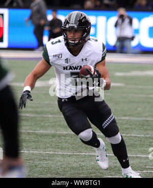 14 septembre 2019 - Hawaii Rainbow Warriors wide receiver Jason-Matthew Sharsh # 3 pendant le jeu entre l'Hawaii Rainbow Warriors et les Washington Huskies au Husky Stadium à Seattle, WA - Michael Sullivan/CSM Banque D'Images