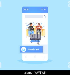 Les hommes obèses graisse assis sur table à l'aide de la manette de jeu joystick race mélanger deux amis évoluant dans les jeux vidéos à la télévision vie malsain smartphone concept l'obésité Illustration de Vecteur