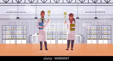 Les scientifiques examinent les plantes quelques exemples dans des tubes à essai homme femme en uniforme faisant de la recherche chimique expériences science concept lab génétique moderne Illustration de Vecteur