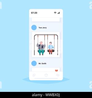 Fine et de la graisse des hommes obèses couple swinging ensemble l'obésité surpoids concept homme avec ami sitting on swing s'amusant de l'écran du smartphone mobile en ligne Illustration de Vecteur