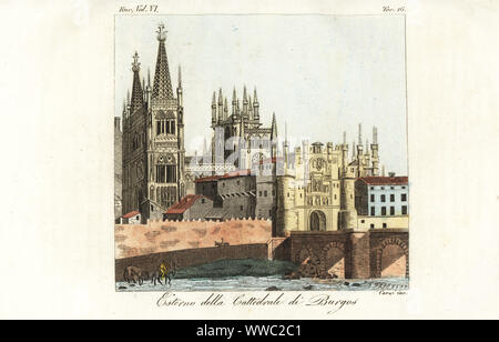 La Cathédrale Sainte Marie de Burgos, Espagne, 18e siècle. Extérieur de la cathédrale de Burgos. La gravure sur cuivre coloriée par Giarre après Giulio Ferrario dans son ancienne et moderne des costumes des peuples du monde, il Costume Antico e o histoire moderne, Florence, 1829. Banque D'Images