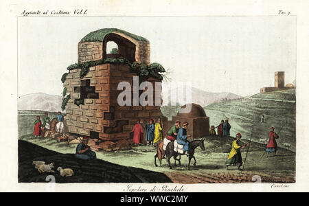 Ruines de la tombe de Rachel ou Bilal bin Rabah mosquée, près de Bethléem, années 1800. Sepolcro di Rachele. La gravure sur cuivre coloriée par Corsi après Giulio Ferrario dans son ancienne et moderne des costumes des peuples du monde, il Costume Antico e Moderno, Florence, 1833. Copié de Luigi Mayer's vues en Egypte, Palestine et d'autres parties de l'Empire Ottoman, 1804. Banque D'Images