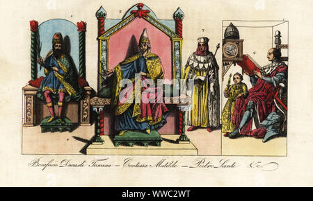 Boniface III de Canossa, margrave de Toscane (985-1052) avec golden hat, chlamys et tunique bleu, Mathilde de Canossa, Margravine de Toscane (1046-1115) et Pietro de Lante, sénateur romain (14e siècle), et Federico da Montefeltro, seigneur d'Urbino (1422-1482). Bonifacio Ducardi Toscana, Contessa Matilde, Pietro Lante, Ferderico Duca d'Urbino. La gravure sur cuivre coloriée après Giulio Ferrario dans son ancienne et moderne des costumes des peuples du monde, il Costume Antico e Moderno, Florence, 1837. Banque D'Images