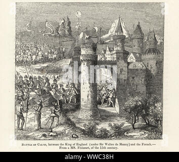 L'armée française sous la direction de Geoffrey de Charny est une embuscade sur le pont-levis de la porte-tour dans la bataille de Calais, 1349. Bataille de Calais, entre le roi d'Angleterre (sous la direction de Sir Walter de Manny) et le français. Gravure sur bois après un manuscrit enluminé de Sir John Froissart's Chronicles de l'Angleterre, la France, l'Espagne et les pays limitrophes, à partir de la dernière partie du règne d'Édouard II pour le Couronnement d'Henri IV, George Routledge, Londres, 1868. Banque D'Images