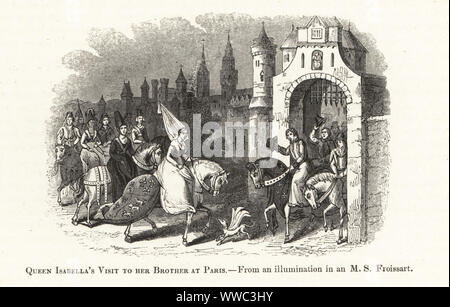 Isabelle de France, reine d'Édouard II d'Angleterre, rendre visite à son frère Louis à Paris, 1313. Elle porte un chapeau avec voile hennin et monte un cheval avec caparaçon emblèmes héraldiques. La visite de la reine Isabelle à son frère à Paris. Gravure sur bois après un manuscrit enluminé de Sir John Froissart's Chronicles de l'Angleterre, la France, l'Espagne et les pays limitrophes, à partir de la dernière partie du règne d'Édouard II pour le Couronnement d'Henri IV, George Routledge, Londres, 1868. Banque D'Images