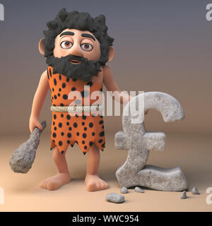 Drôle de Personnage 3d caveman préhistorique sculpte livres sterling du Royaume-Uni symbole de devise dans rock, illustration 3D render Banque D'Images