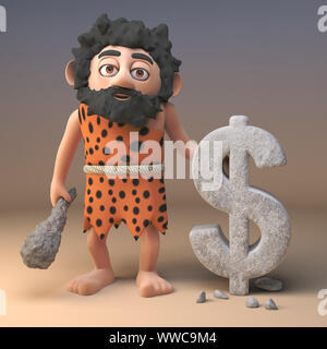 Dessin animé 3d caveman préhistorique sculpte un caractère US Dollar symbole de devise dans rock, illustration 3D render Banque D'Images