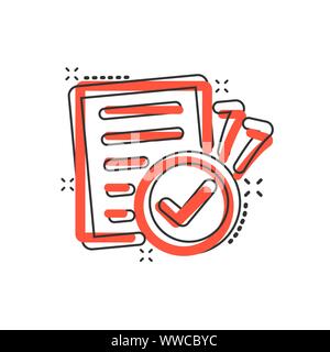 Icône de document de conformité dans le style comique. Cartoon vector illustration processus approuvé sur blanc fond isolé. Business case splash concept Illustration de Vecteur