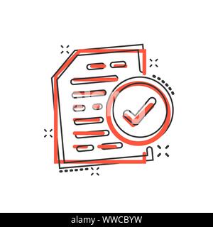 Icône de document de conformité dans le style comique. Cartoon vector illustration processus approuvé sur blanc fond isolé. Business case splash concept Illustration de Vecteur